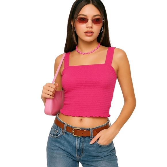 Paper Crane Smocked Tube Tank Top Pink Textured Stretch Crop Y2K Lettuce Hem S - Picture 1 of 8